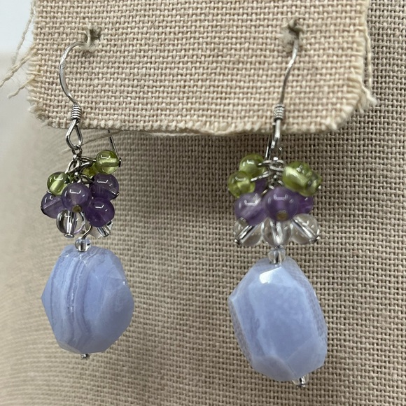 Ross-Simons Blue Agate Amethyst Peridot Quartz Cluster Dangle Earrings 11.6g - Picture 4 of 15